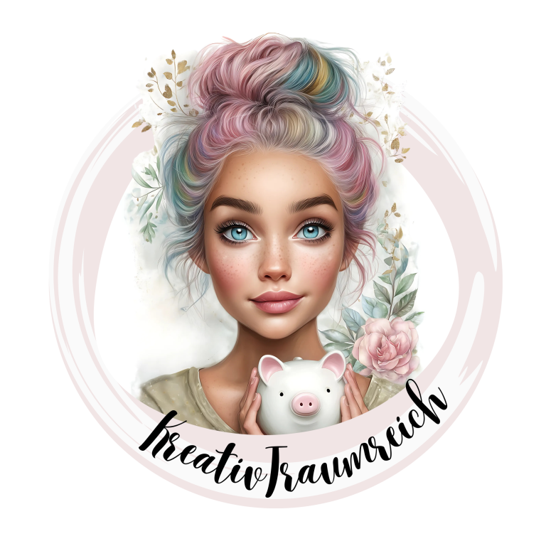 Budgeting mit KreativTraumreich Junge Frau mit bunten Haaren, Halte ein kleines Schweinchen und umgeben von Blumen.